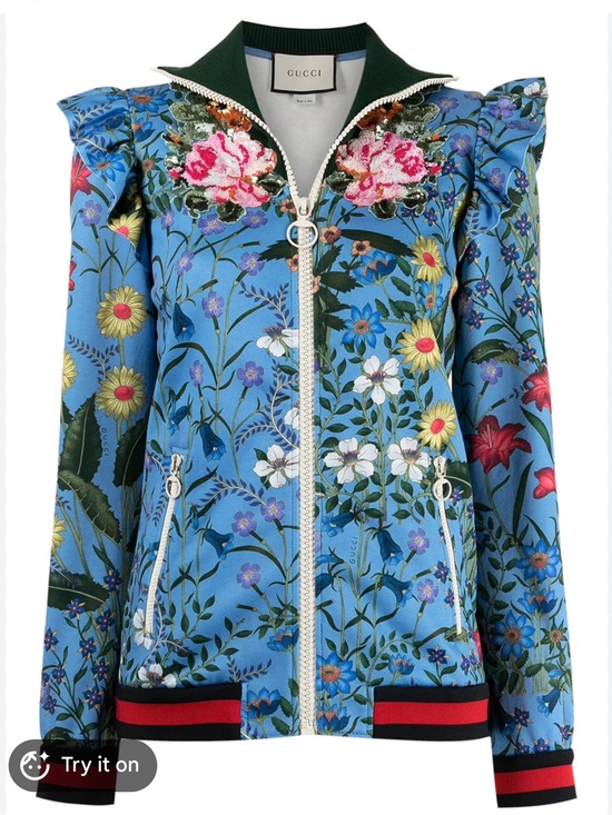 Gucci Jackets & Blazers - Gucci Light Blue Floral Appliqué Bomber Jacket